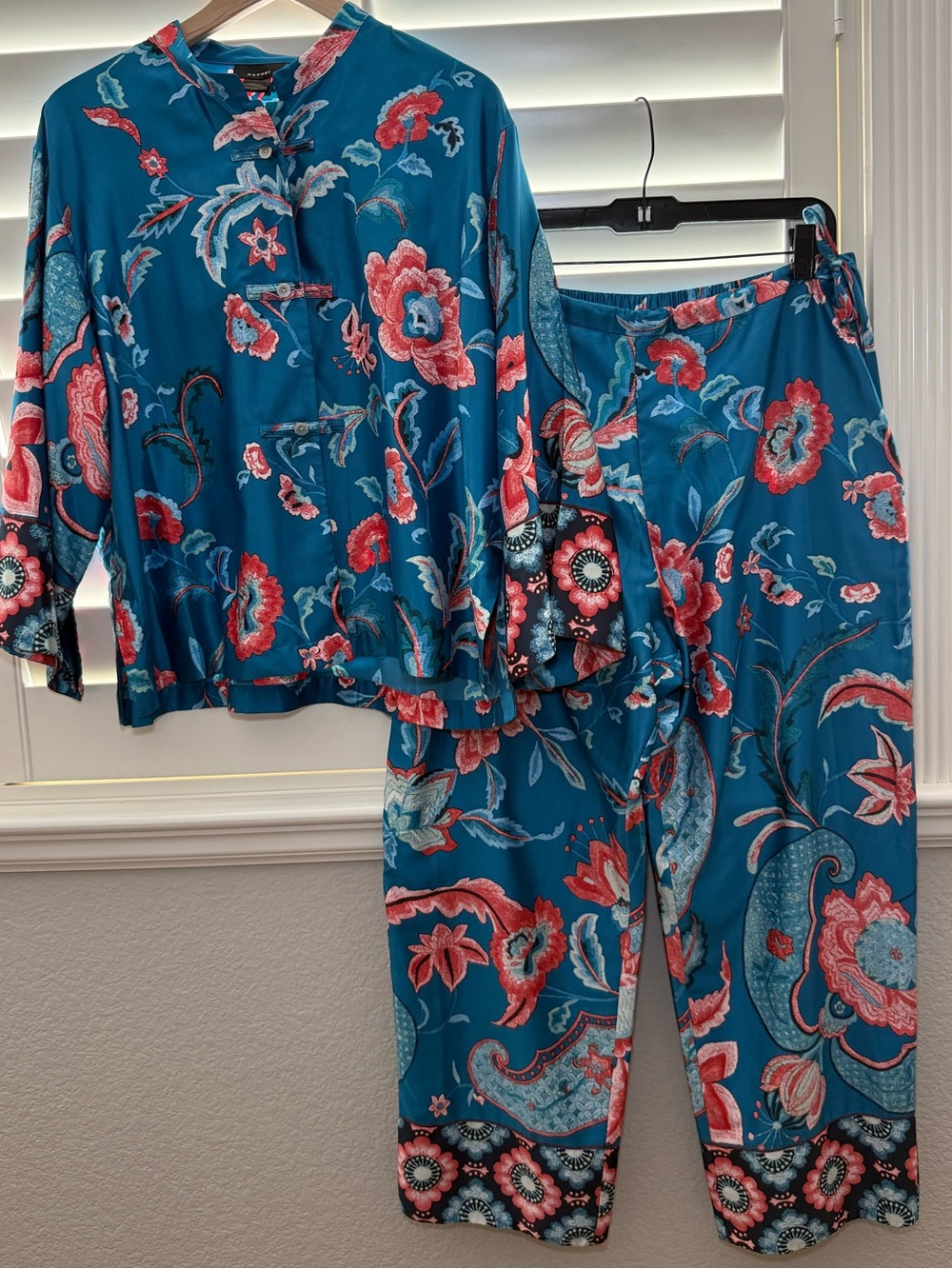 Gorgeous Natori Mandarin Teal Floral Two-Piece Pajama Set Size Large